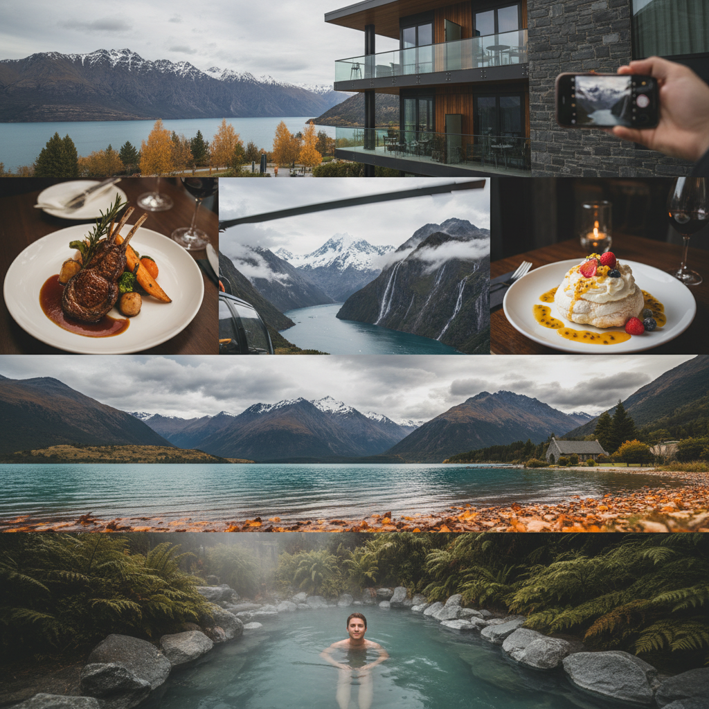 퀸스타운 더 리스 호텔의 럭셔리한 외관과 발코니에서 보이는 와카티푸 호수의 전경, 에레혼 다이닝의 양갈비 스테이크와 파블로바 디저트 플레이팅, 헬리콥터를 타고 본 밀포드 사운드의 압도적인 피오르드와 마운트쿡의 만년설, 테카포 호수의 에메랄드빛 물결, 로토루아 폴리네시안 스파의 프라이빗 온천 풀