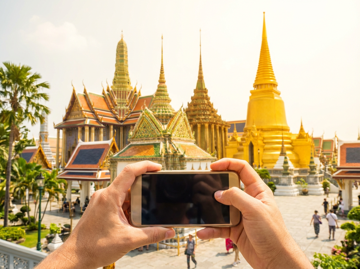화려한 에메랄드 빛 왕궁의 웅장한 전경, 환한 햇빛 아래 황금빛이 더욱 반짝이는 모습
