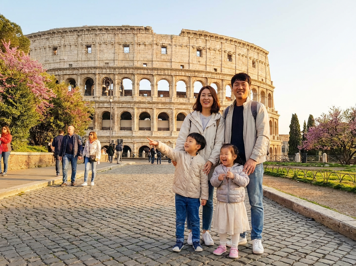로마 콜로세움 배경으로 가족 단체 사진