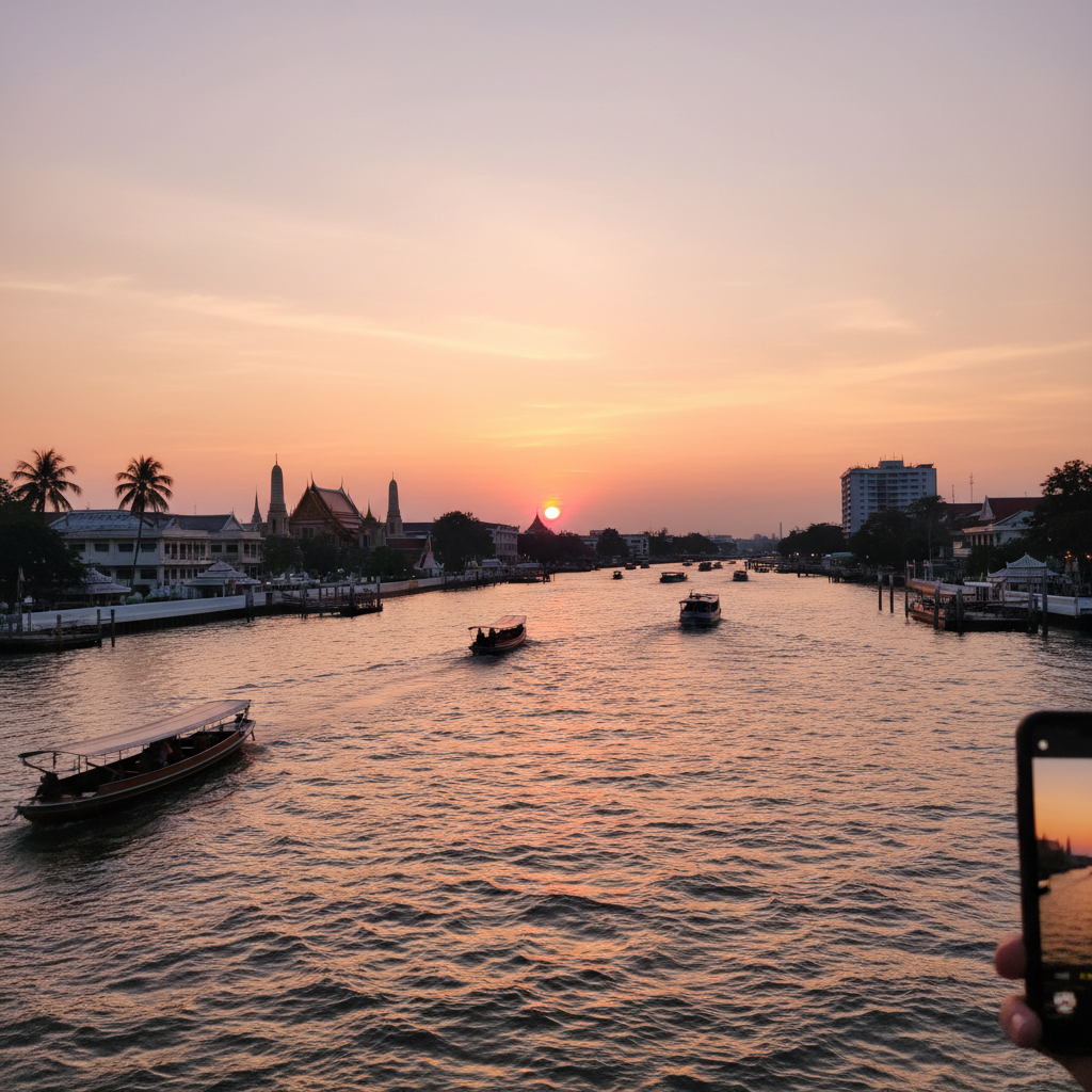 차오프라야 강 위 석양 노을
