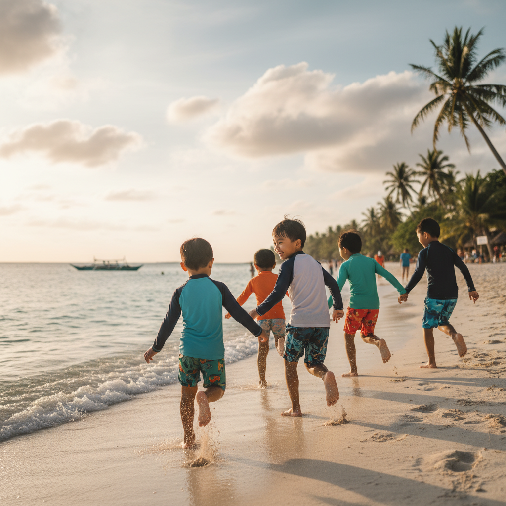 보라카이 하얀 해변에서 뛰노는 아이들