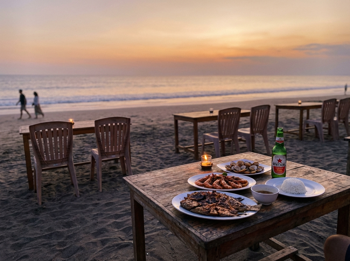해변에 차려진 짐바란 씨푸드 저녁 식사