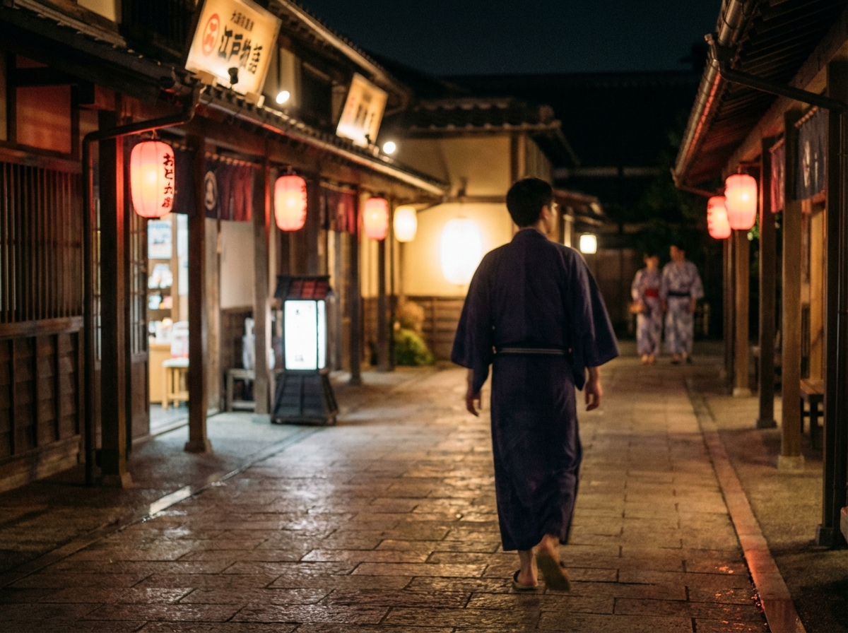 유카타를 입고 걷는 오오에도 온천의 밤거리