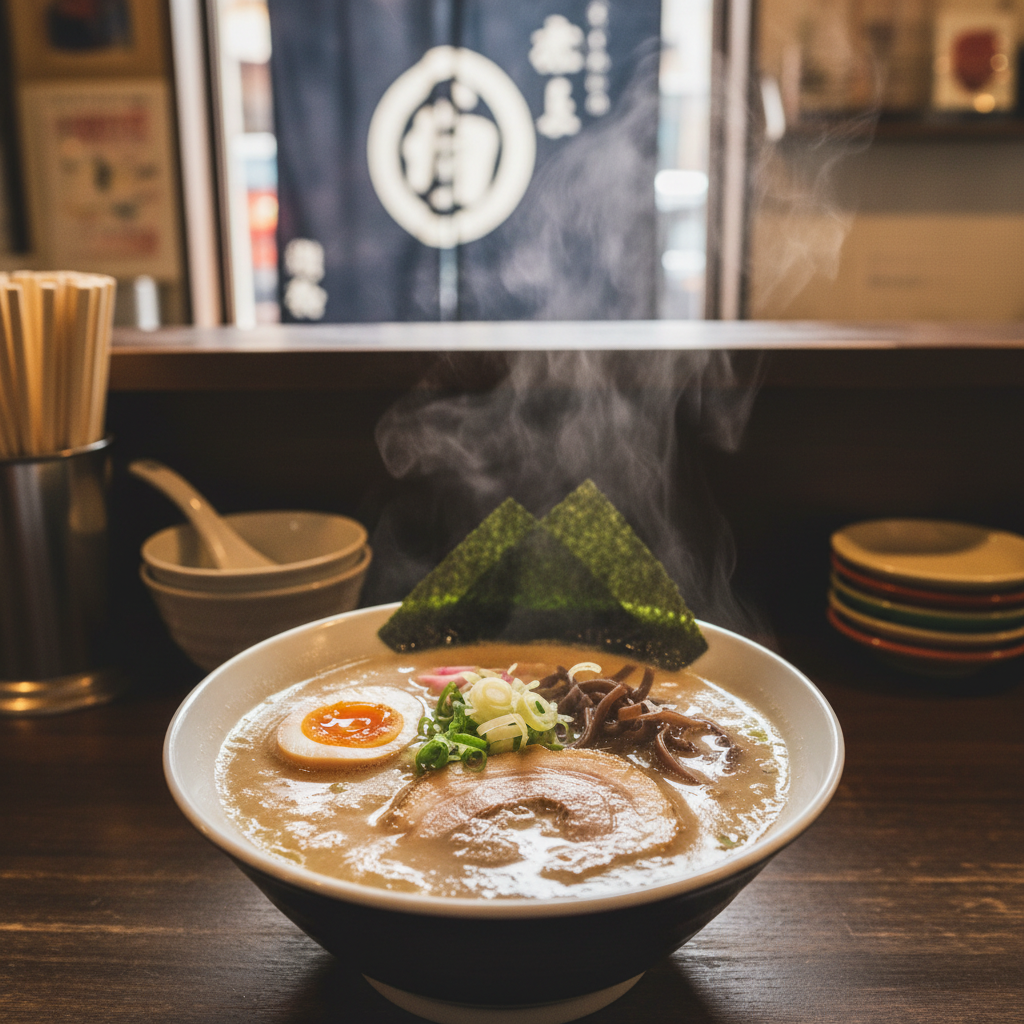 김이 모락모락 나는 진한 돈코츠 라멘