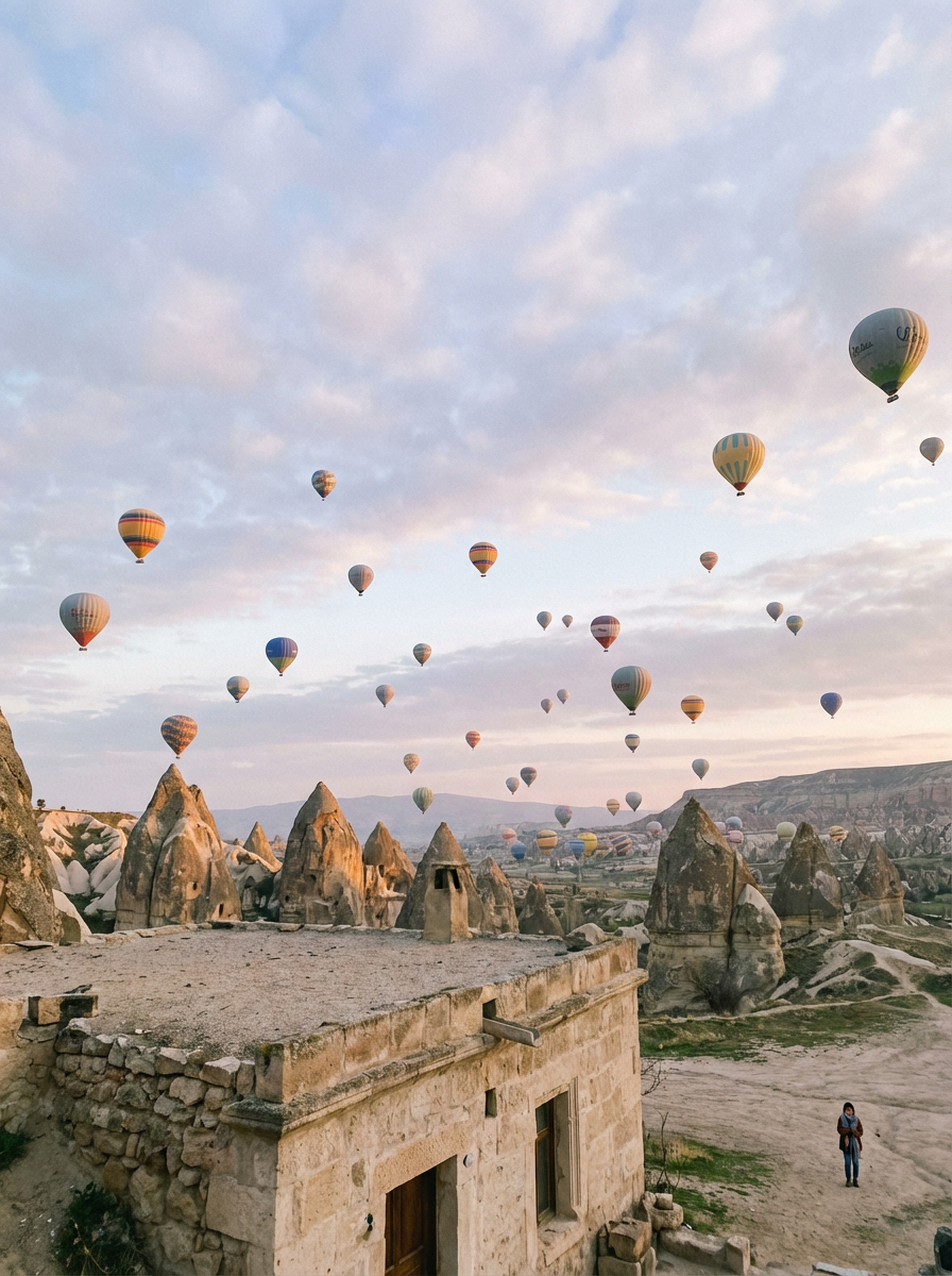 새벽 하늘 위로 떠오르는 카파도키아 열기구들