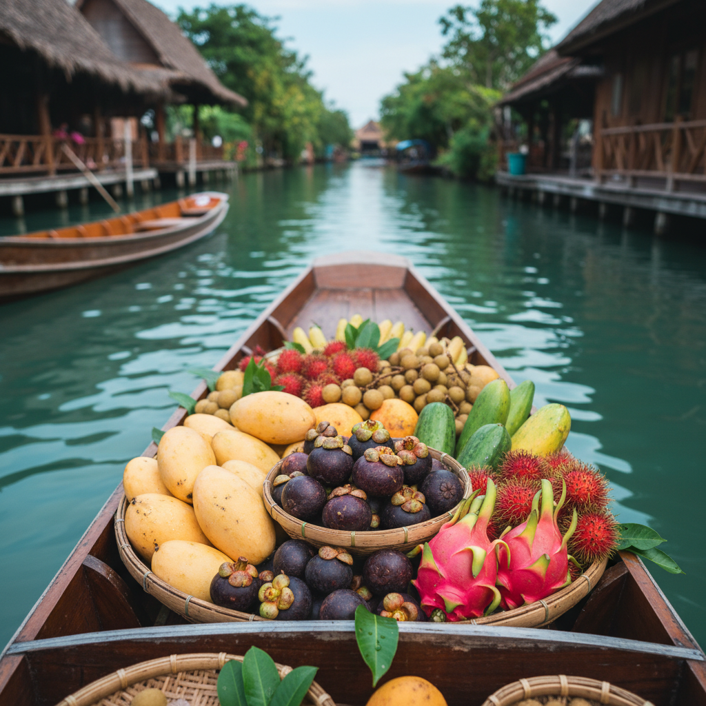 보트 위에서 판매하는 알록달록한 열대 과일