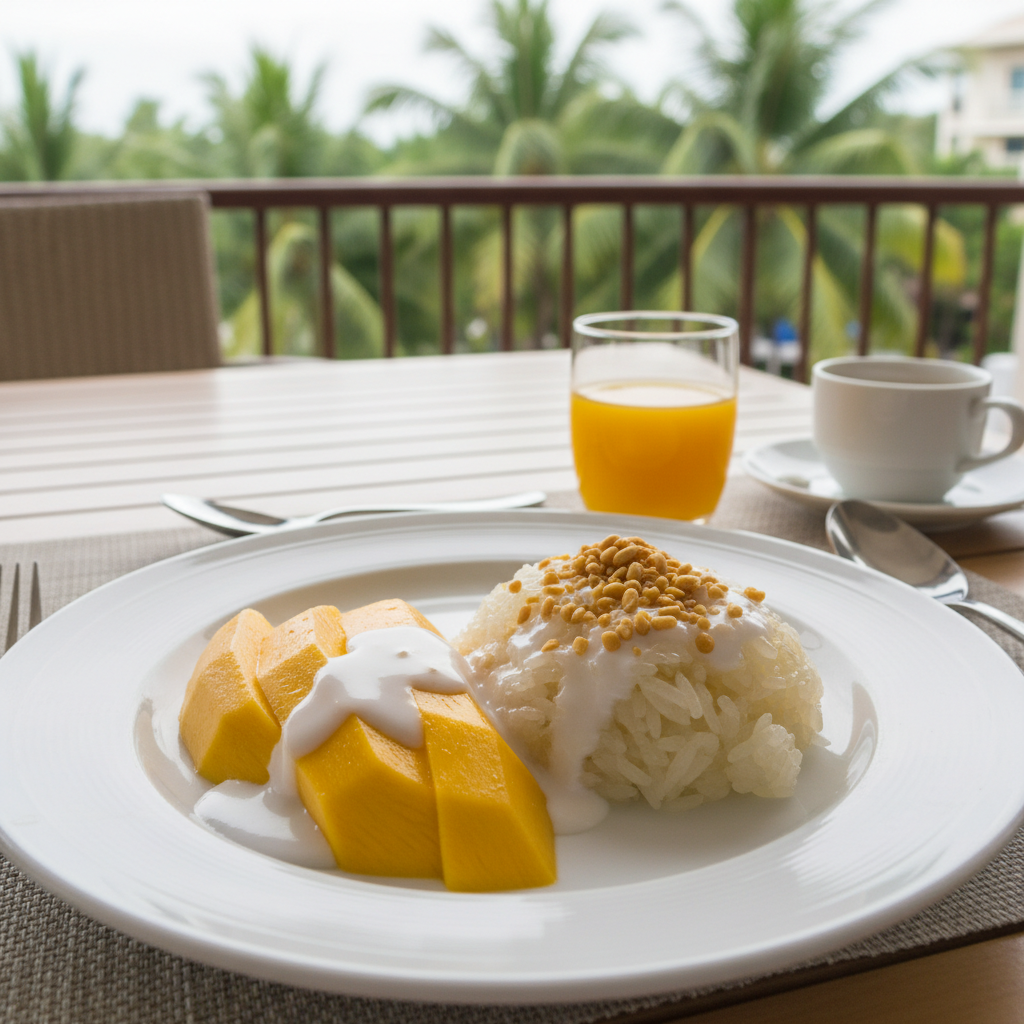 달콤한 코코넛 밀크를 얹은 망고밥 디저트